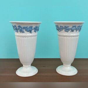 Pair Lavender On Cream Wedgwood Embossed Queensware Vases 6.5” Tall Vintage